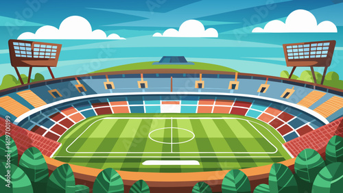Vector art of a vibrant, cartoonstyle illustration of a football stadium with a green pitch, seating, and floodlights under a blue sky with clouds