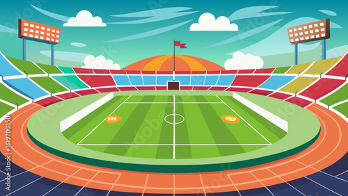 Vector art of vibrant cartoon illustration of a colorful football stadium with green field, stadium lights, and seating under a bright blue sky with clouds, perfect for sports events and game day