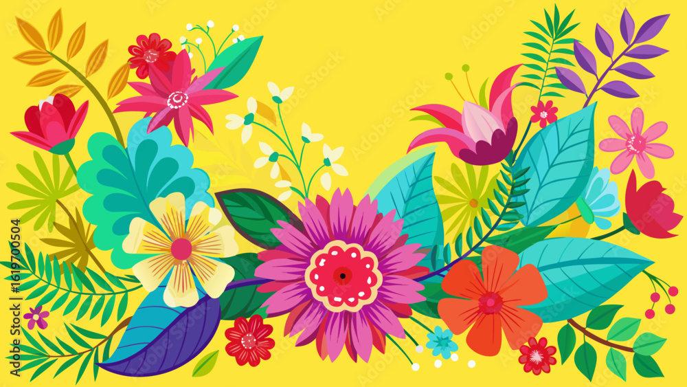 Fototapeta premium Vector art of vibrant and colorful floral arrangement with various blooming flowers and green leaves on a bright yellow background, perfect for spring and summer themes