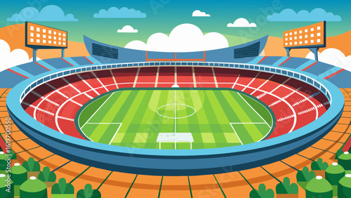Vector art of a wideangle perspective of a grand football stadium, highlighting its curved architecture, lush green playing field, extensive seating, and surrounding vibrant landscape