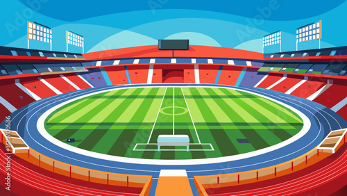 Vector art of a dynamic cartoon depiction of a large, modern football stadium with a running track and tiered seating, illuminated by bright floodlights on a clear day