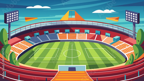 Vector art of an artistic depiction of a grand soccer stadium, featuring a meticulously maintained green pitch and tiered seating for fans, illuminated by powerful floodlights