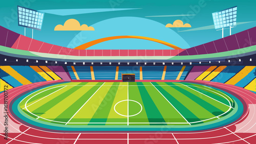 Vector art of a colorful and dynamic illustration of an athletics stadium, featuring a running track surrounding a green field, with bright, abstract seating and stadium lights under a clear sky