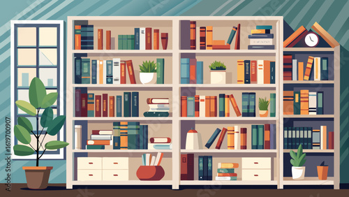 Vector art of brightly lit interior scene featuring a large bookcase with many shelves, books, plants, and a window, rendered in a modern flat illustration style