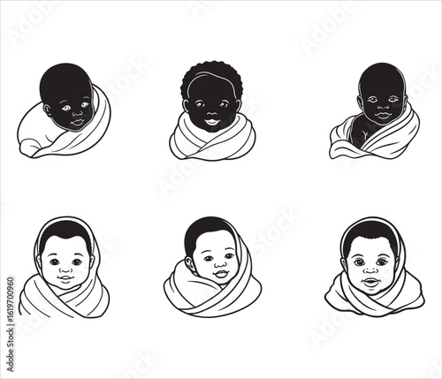 Diverse Array of Newborn Baby Faces in Line Art Style Represents Global Childhood Experiences and Early Development