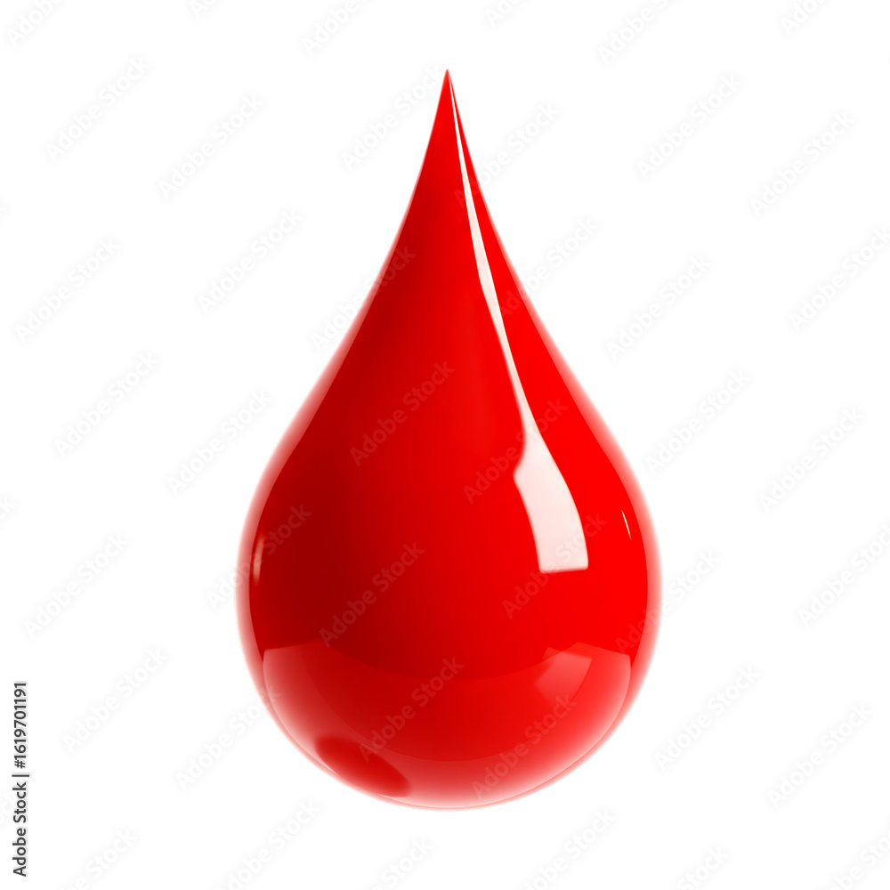 Obraz premium Single red liquid drop with glossy surface and sharp point isolated on a transparent background shiny