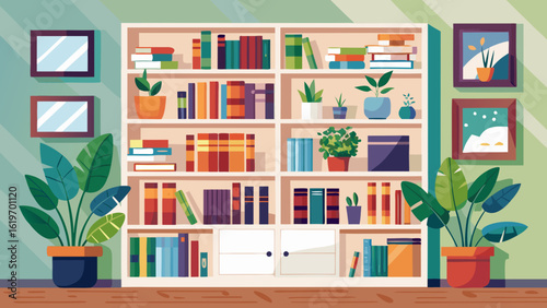 Vector art of vibrant illustration of a white bookshelf filled with books and lush plants, complemented by framed artwork on the wall, creating a stylish and inviting space for intellectual pursuits