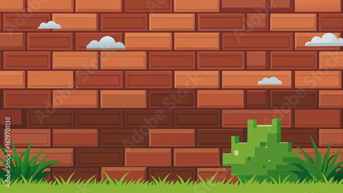 Vector art of red brick wall with scattered clouds and green grass, featuring a pixelated bush for a unique, stylized background in design projects