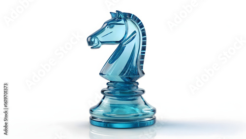 Glossy blue glass chess knight piece isolated on white background, 3D strategic symbol with elegant design