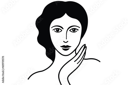 Elegant woman s face with hand touching cheek minimalist line art
