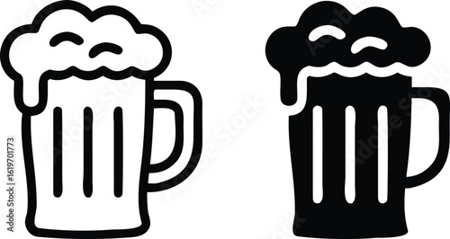 Beer Mug Icon Set – Vector Foamy Drink Symbol in Black and White for Bar and Brewery