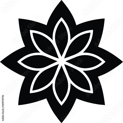 Black eight petal flower geometric symbol on white background abstract bloom