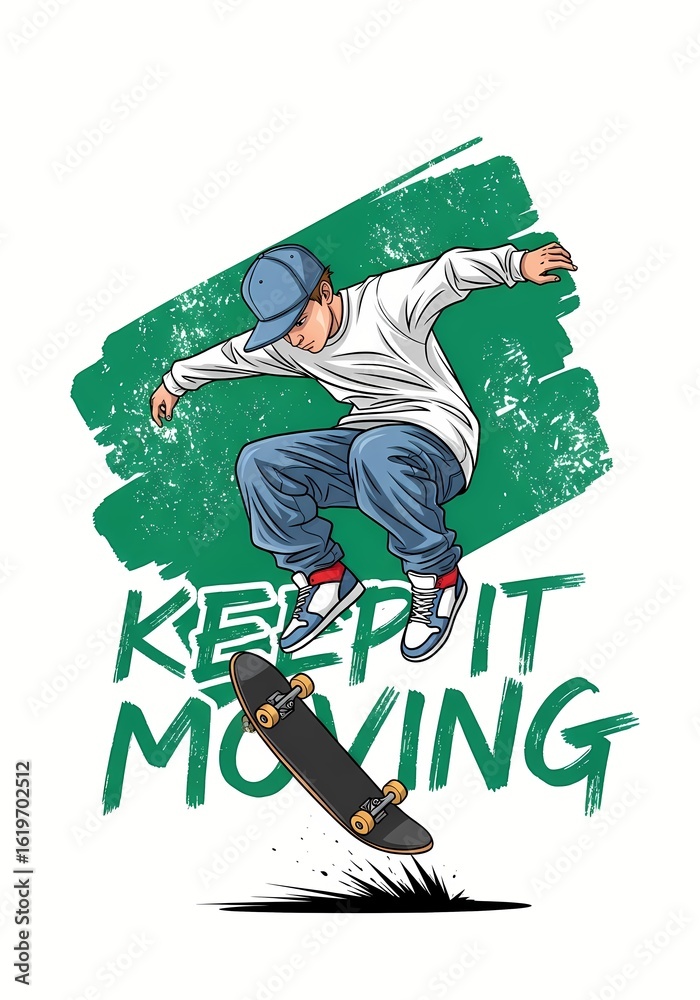Naklejka premium Dynamic skateboarder performing a trick mid-air with bold green brush strokes and text