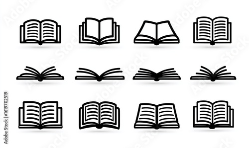 Open book icons set, vector illustration. Simple black icons on a white background, Generative AI.