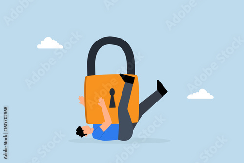 businessman dying in depression under burden of heavy lock pillow.