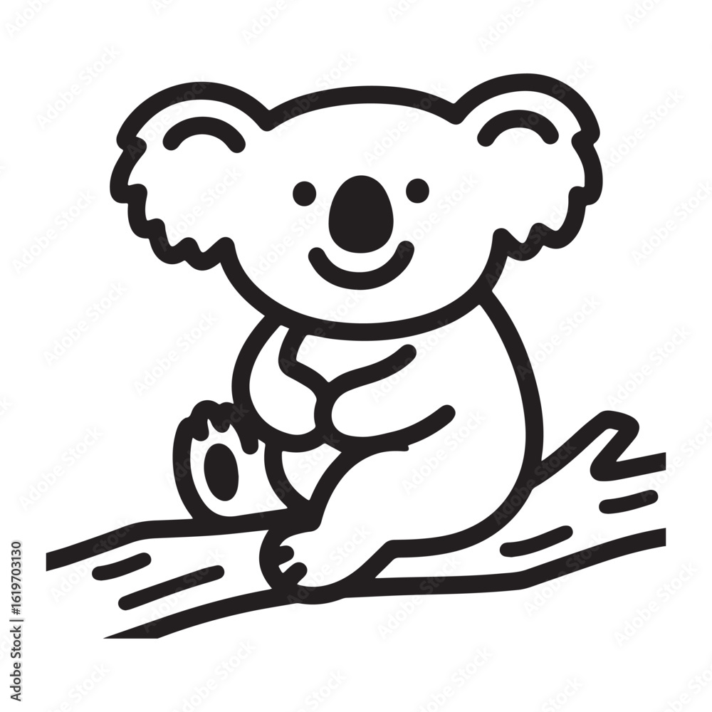 Obraz premium Cute Koala Line Art Sitting on Branch, Smiling Design Perfect for Kids to Color.