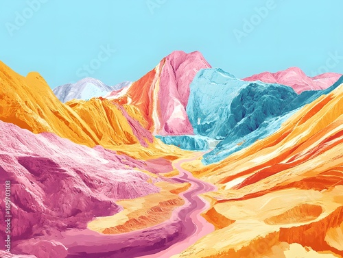 Wallpaper Mural Vibrant pastel colored mountain landscape with winding river Torontodigital.ca