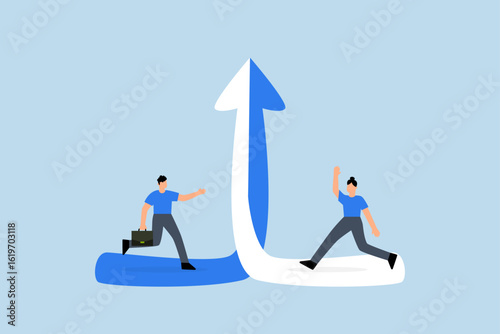 Collaboration synergy work to growth together, businessman and woman running to unite to achieve a goal