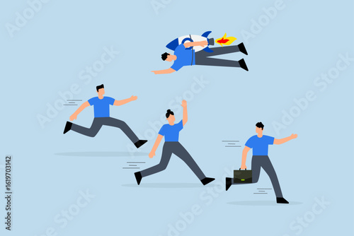 Game changer, businessman who flies in rocket backpack in different directions than other competitors.
