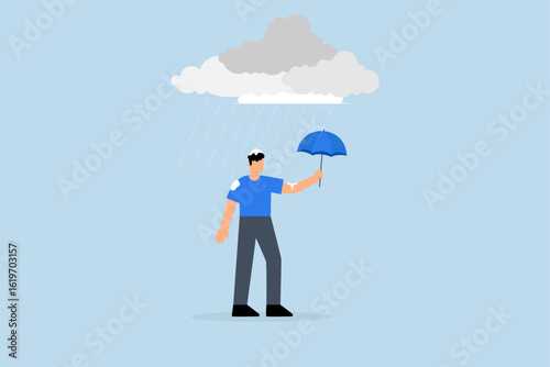 Wrong decision, drenched unfortunate businessman with too small an umbrella cover in heavy downpour.