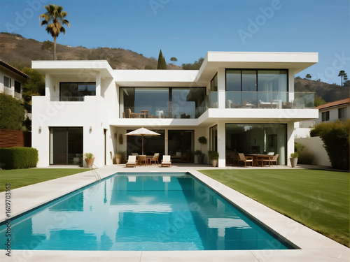 Wallpaper Mural a sleek, modern white house with large windows and an outdoor pool in the backyard Torontodigital.ca