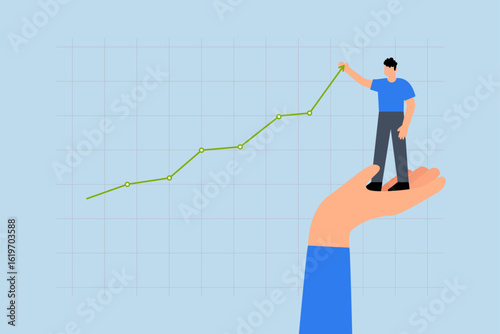 Drive sale increasing profit, businessman stands with helping hand and pulls up rising graph.