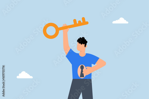 Unlock true potential, businessman with a golden key opening keyhole in his shirt