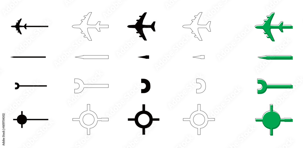Naklejka premium Arrow icon set collection with various shapes and sizes. Airplane-shaped arrows. Direction vector illustration. Arrow collection with transparent background. Arrow direction concept.
