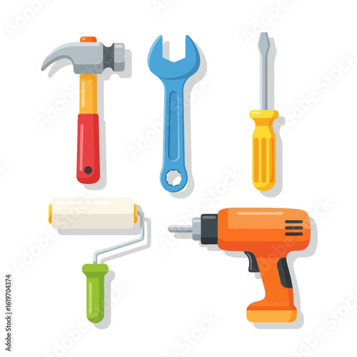A colorful flat icon set of common work tools including a hammer, wrench, screwdriver, drill, and paint roller for repair and construction.