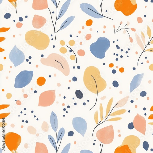 Delicate floral and leaf pattern, featuring soft, abstract shapes in muted pastel colors on a white background. Small dots scattered throughout add texture