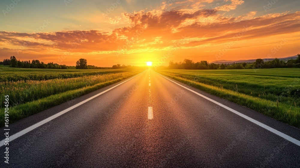 Fototapeta premium A scenic road stretches towards a vibrant sunset.