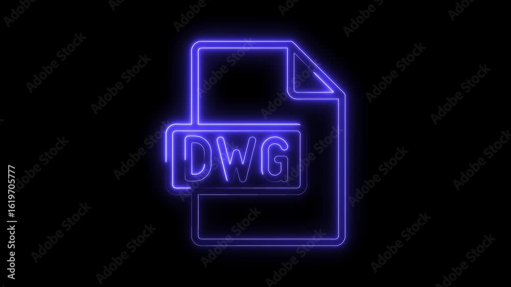 Glowing blue neon D W G file icon symbol on black background representing digital document format Glowing blue neon D W G file icon symbol on black background representing digital document format