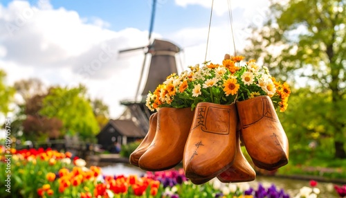Dutch clogs adorned with flowers, a windmill backdrop