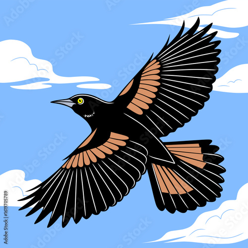 Colorful vector illustration of a Black Hooded Oriole flying in the sky. Great for bird-themed designs, education, or nature-related projects. Bold colors and clean lines.