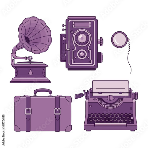 Vintage purple gramophone, camera, typewriter, and suitcase; nostalgic illustration.