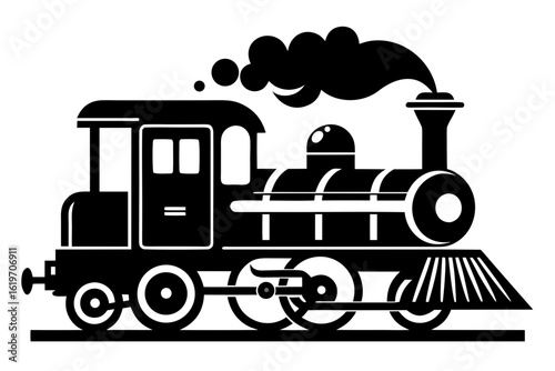 Classic black and white silhouette of a steam locomotive with smoke billowing