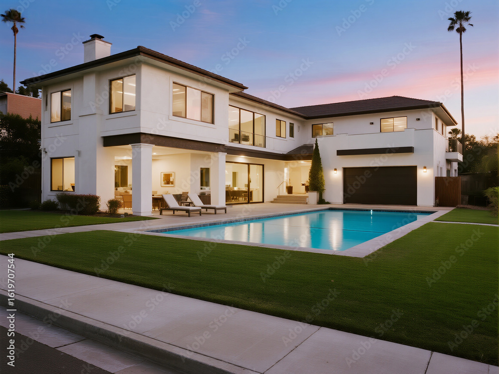 Fototapeta premium A modern two-story white house with large windows and a pool in the backyard, bathed in sunset lighting.