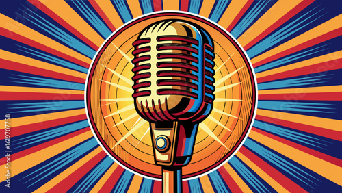 retro microphone with ray sketch style  white background