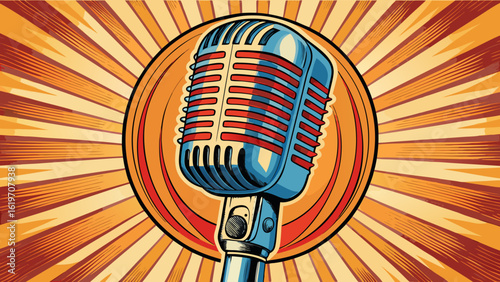 retro microphone with ray sketch style  white background