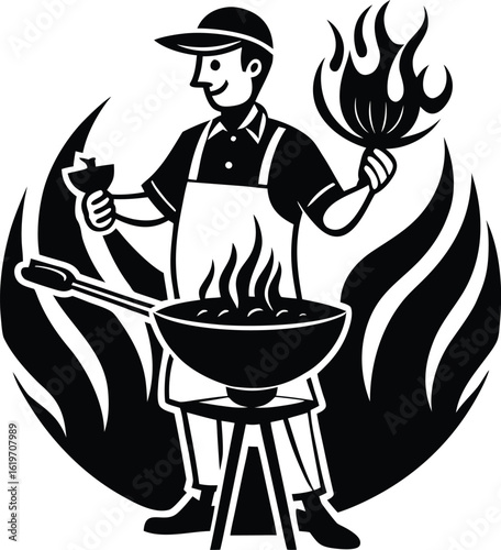 Man in garden cooking BBQ meal vector illustration icon, relaxation, fres hair, lifestyle, mealprep, eating