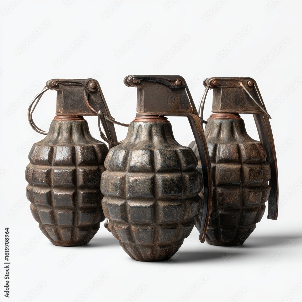 Three old grenades, relics of the past, stand in stark detail, a testament to conflict and power Three old grenades, relics of the past, stand in stark detail, a testament to conflict and power