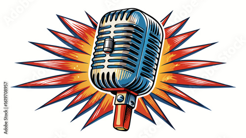 retro microphone with ray sketch style  white background
