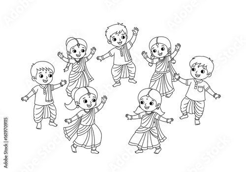 Happy Indian Children in Traditional Clothing, Line Art Illustration, Joyful Festive Mood