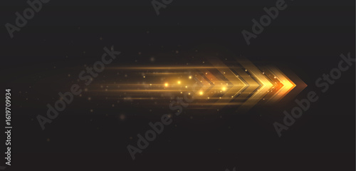 Bright gold arrows with acceleration effect and light trail. Vector effect of speed and progress on the theme of racing, speed technologies in internet connections. Light effect on a dark background.