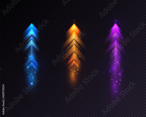 Bright arrows with acceleration effect and light trail. Vector effect of speed and progress on the theme of racing, high-speed technologies in Internet connections. Light effect on a dark background.
