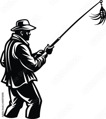 A vector illustration of a person fishing, showing the silhouette of a sport fisher with a rod and hat ,graphic design ,monochrome, sportfishing