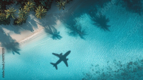 Airplane Shadow Over Maldives Island with Turquoise Water and Palm Trees - Web Banner Design with Copy Space, Tropical Travel Concept