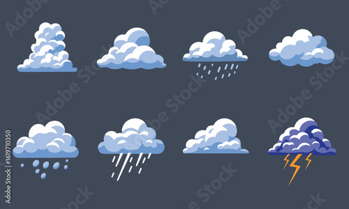 Varied Weather Clouds Vector Set: Collection of Eight Stylized Cloud Formations Including Cumulus, Stratus, Storm Clouds, and Sunset Hues Against a Dark Sky.