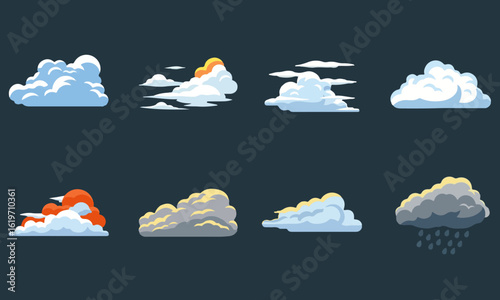 Varied Weather Clouds Vector Set: Collection of Eight Stylized Cloud Formations Including Cumulus, Stratus, Storm Clouds, and Sunset Hues Against a Dark Sky.