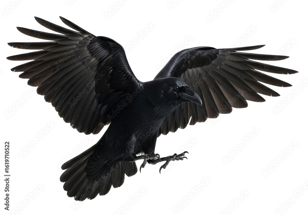 Naklejka premium Adult black raven with powerful wings spread wide and extended talons, captured in a dynamic, hovering pose against a pristine transparent, shadowless studio background in an ultra realistic UHD